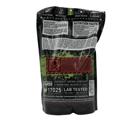 Black package with nutritional information and branding on a white background