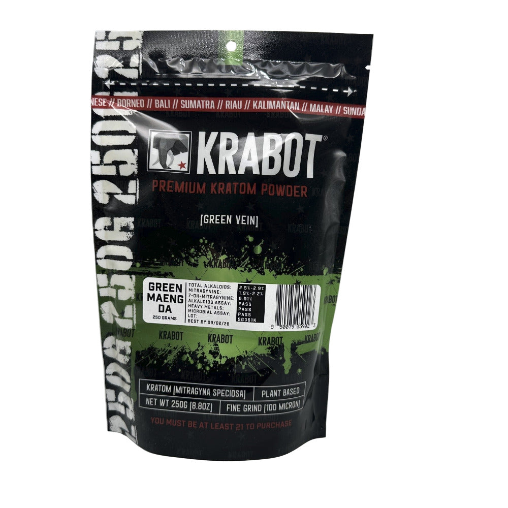 Krabot Premium Kratom Powder packaging on a gray background