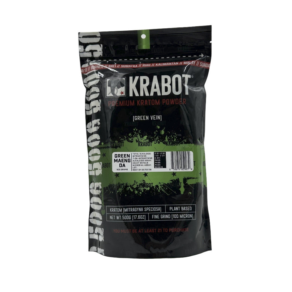 Krabot premium kratом powder packaging on a gray background