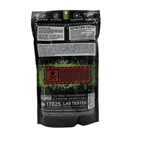 Black package with green and red text on a white background
