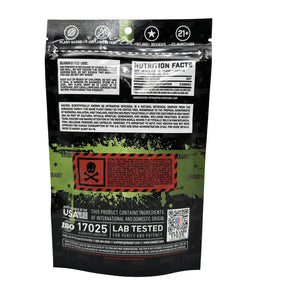 Nutritional supplement package with various labels and text on a gray background