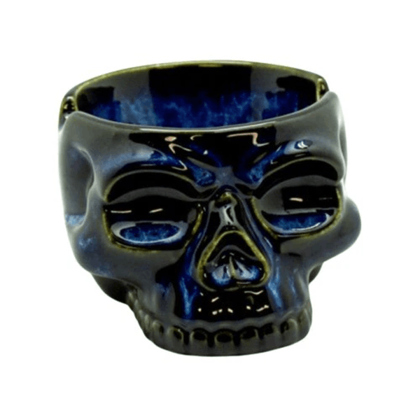 Big blue ceramic glazed skull ashtray