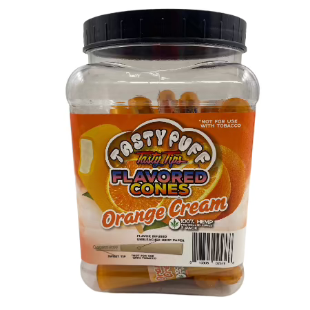 TASTY PUFF TASTY TIPS ORANGE CREAM 1 1/4 FLAVORED CONES 30 CT JAR 3 CONES PER PACK