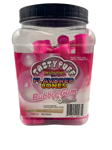 TASTY PUFF TASTY TIPS BUBBLE GUM 1 1/4 FLAVORED CONES 30 CT JAR 3 CONES PER PACK