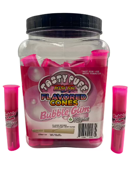 TASTY PUFF TASTY TIPS BUBBLE GUM 1 1/4 FLAVORED CONES 30 CT JAR 3 CONES PER PACK