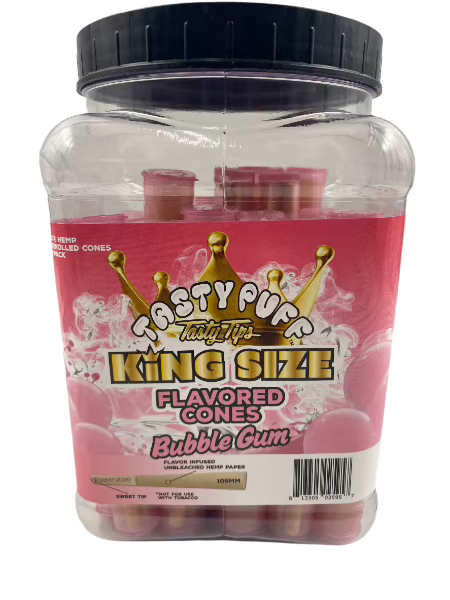 TASTY TASTY TIPS BUBBLE GUM KING SIZE FLAVORED CONES 30 CT JAR 3 CONES PER PACK