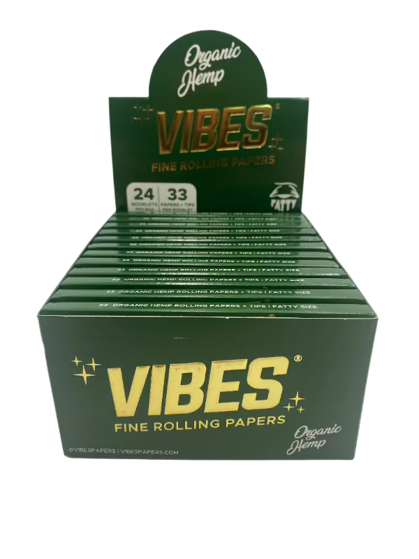 Vibes King Size Fatty Organic Hemp Rolling Papers  W/ Tips  24ct Box 33 LPB