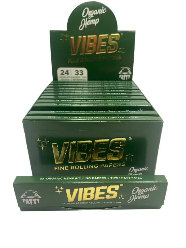 Vibes King Size Fatty Organic Hemp Rolling Papers  W/ Tips  24ct Box 33 LPB