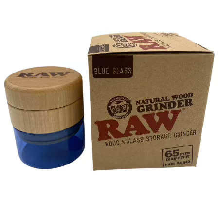 RAW BIRCH TOP WOOD & GLASS STORAGE GRINDER W/ BLUE GLASS