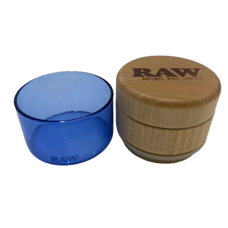 RAW BIRCH TOP WOOD & GLASS STORAGE GRINDER W/ BLUE GLASS