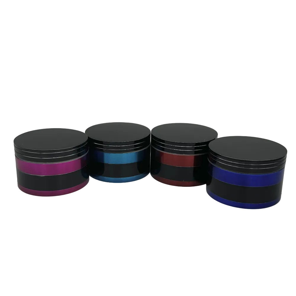 Four black jars with colorful striped bands on a gray background