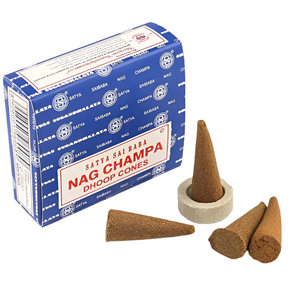 Box of Nag Champa Dhoop cones with included cone burner