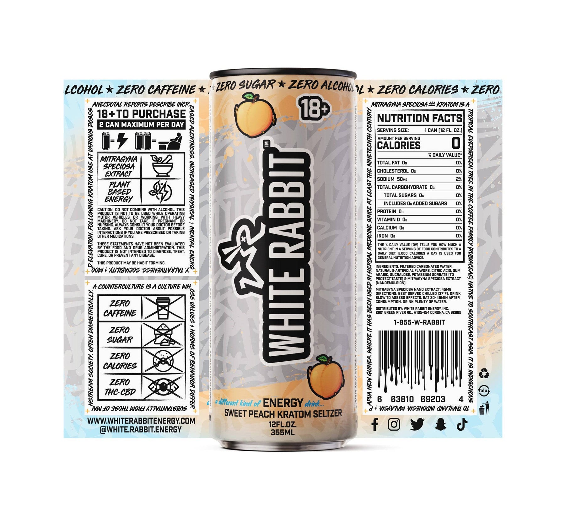 WHITE RABBIT SWEET PEACH KRATOM SELTZER 12 OZ (24 CT CASE)