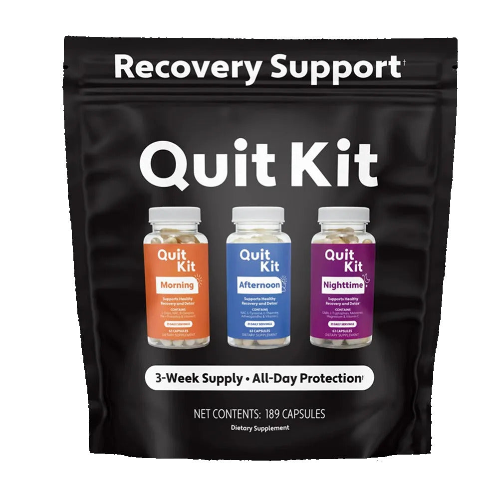 Recovery Support Quit Kit packaging with three bottles labeled 'Morning', 'Afternoon', and 'Nighttime' on a black background.