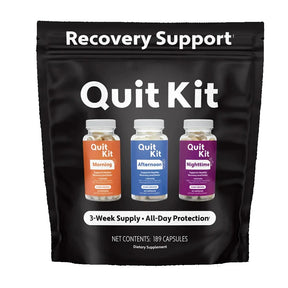 Recovery Support Quit Kit packaging with three bottles labeled 'Morning', 'Afternoon', and 'Nighttime' on a black background.