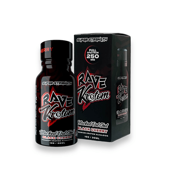 RAVE BLACKED OUT SHOT.  BLACK CHERRY FLAVORED 250 MG MIT 1 OZ 12 CT DISPLAY