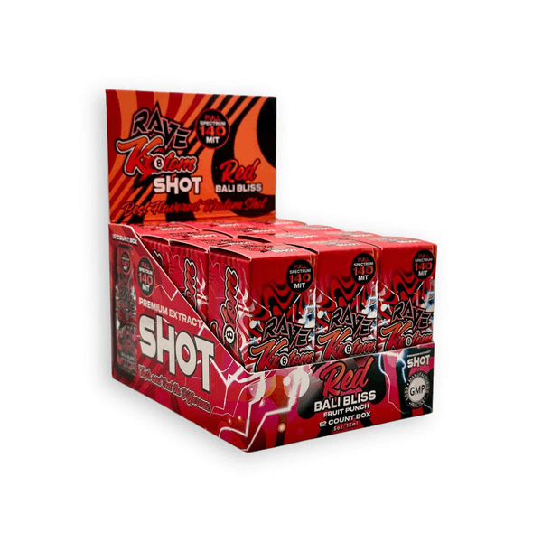 RAVE RED BALI BLISS SHOT FRUIT PUNCH FLAVORED 140 MG MIT 15 ML 12 CT DISPLAY