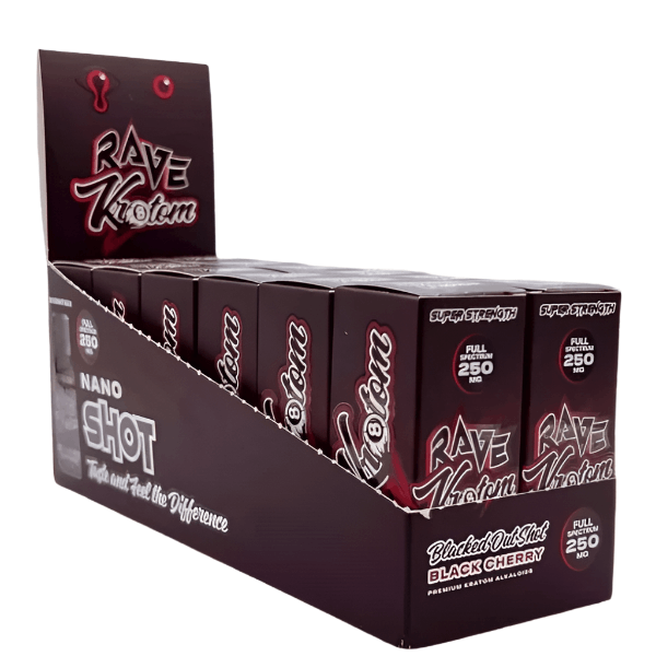 RAVE BLACKED OUT SHOT.  BLACK CHERRY FLAVORED 250 MG MIT 1 OZ 12 CT DISPLAY