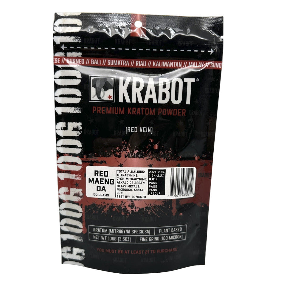 Kratom powder package with 'Krabot' branding on a gray background