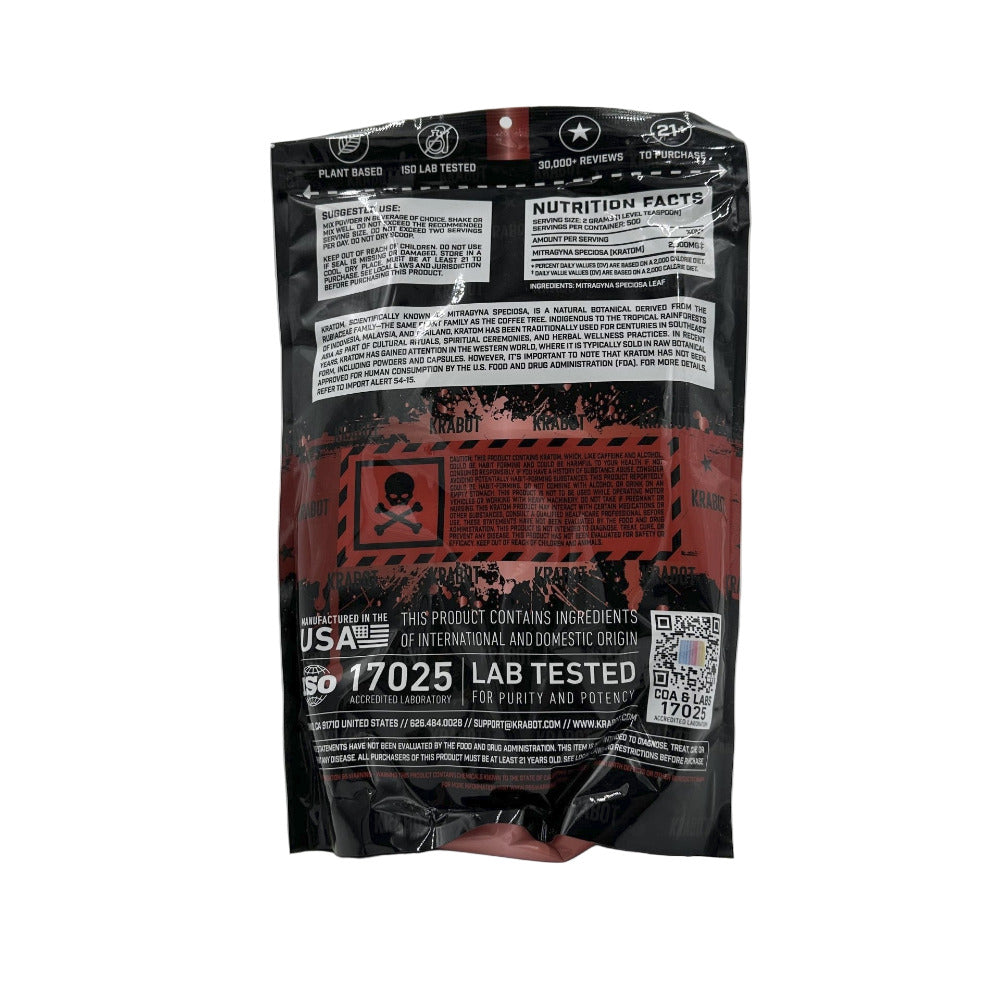 Back view of a nutrition label on a black package with red accents.