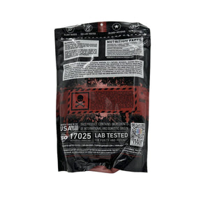Back view of a nutrition label on a black package with red accents.
