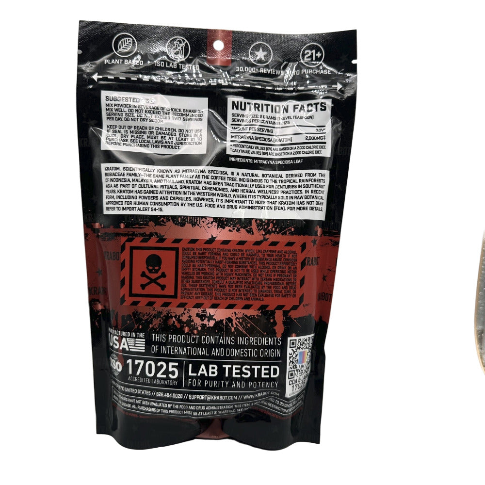 Black and red supplement packaging with nutrition facts and warning labels on a gray background