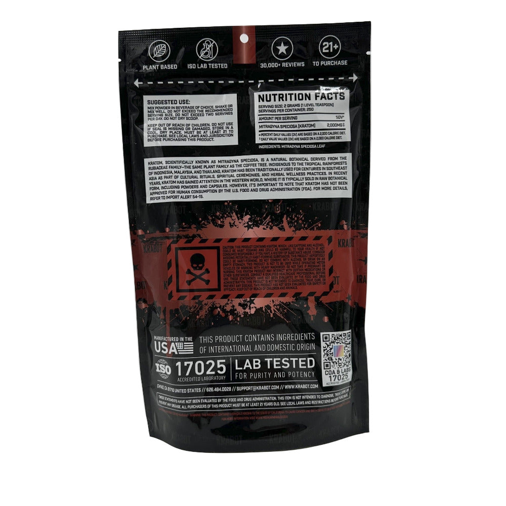 Black supplement packaging with red and white text on a gray background