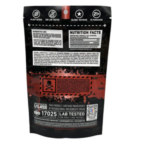 Black nutrition facts label with red warning symbol on a gray background