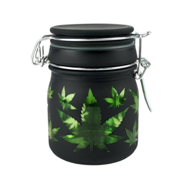 Black frosted green leaf design hinged smell proof jar