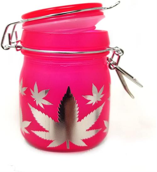 NEON PINK WITH SILVER LEAVES STASH JAR 5oz