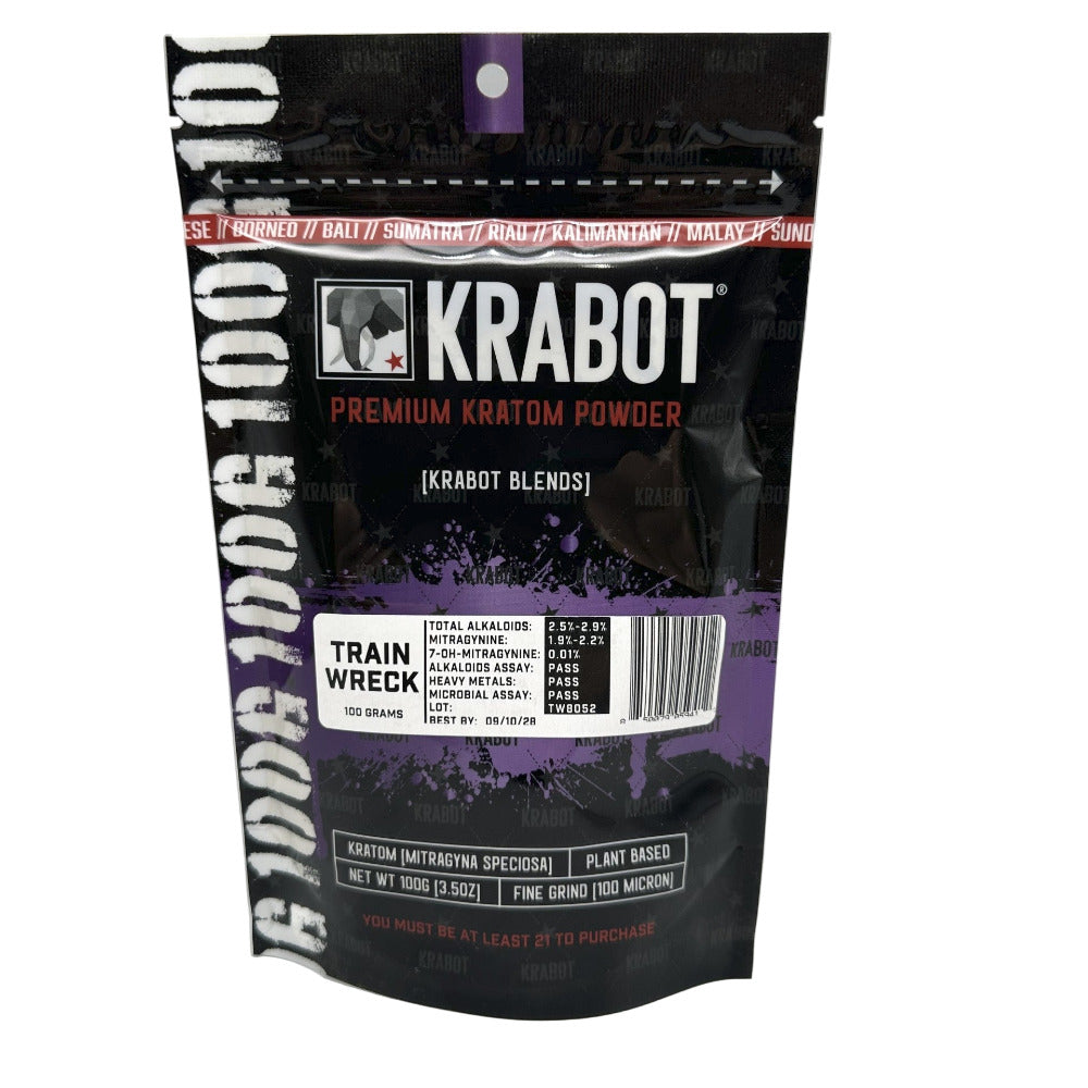 Krabot Premium Kratom Powder package on a gray background