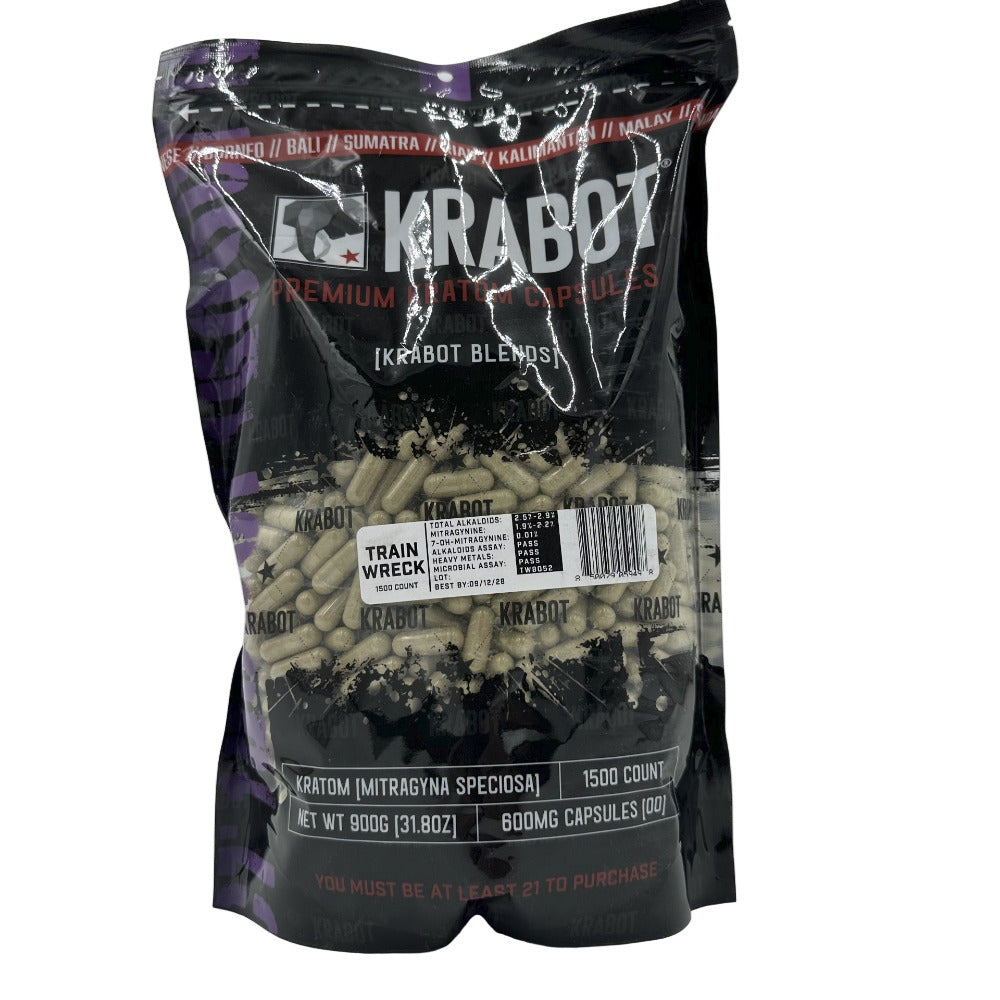 Bag of Krabot premium kratom blends on a white background