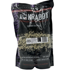 Bag of Krabot premium kratom blends on a white background