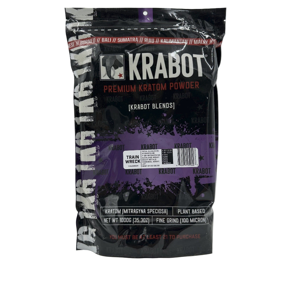 Krabot Premium Kratom Powder packaging on a white background