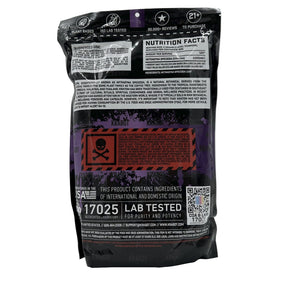 Black supplement package with purple accents on a white background