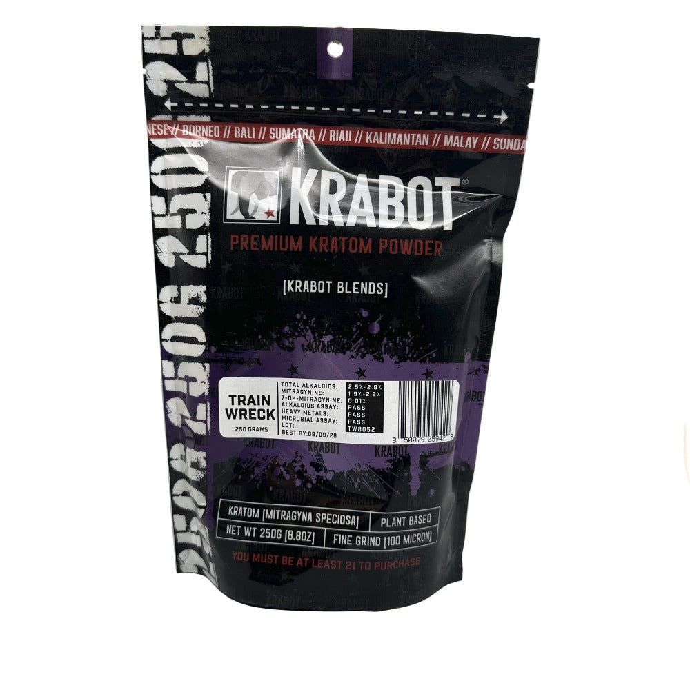 Krabot Premium Kratom Powder package on a gray background