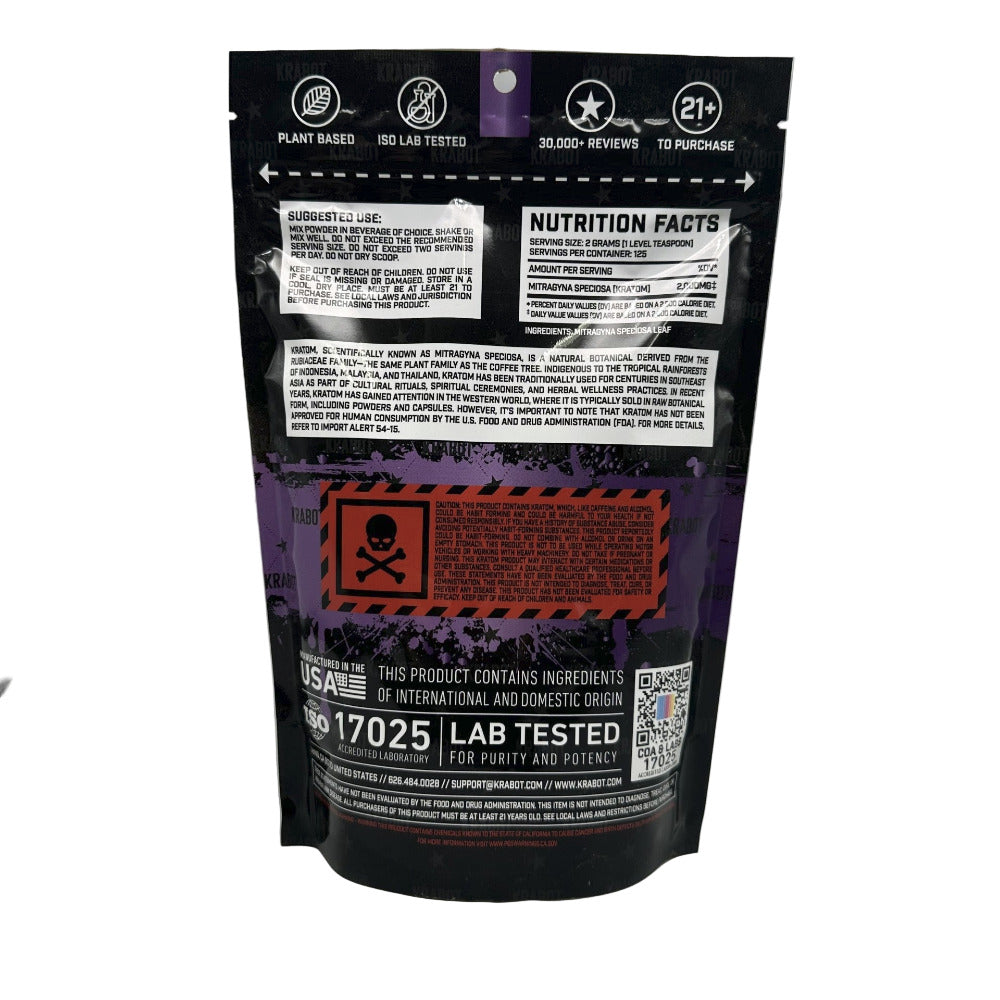 Black packaging with nutrition facts and certification labels on a gray background