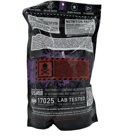 Black supplement package with red and white text on a gray background