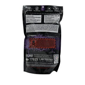 Black and purple packaging with text and labels on a gray background