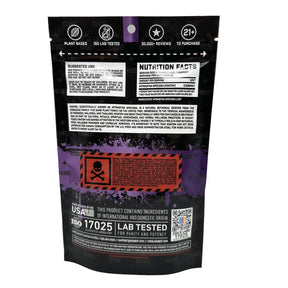Nutritional supplement package with black and purple design on a gray background