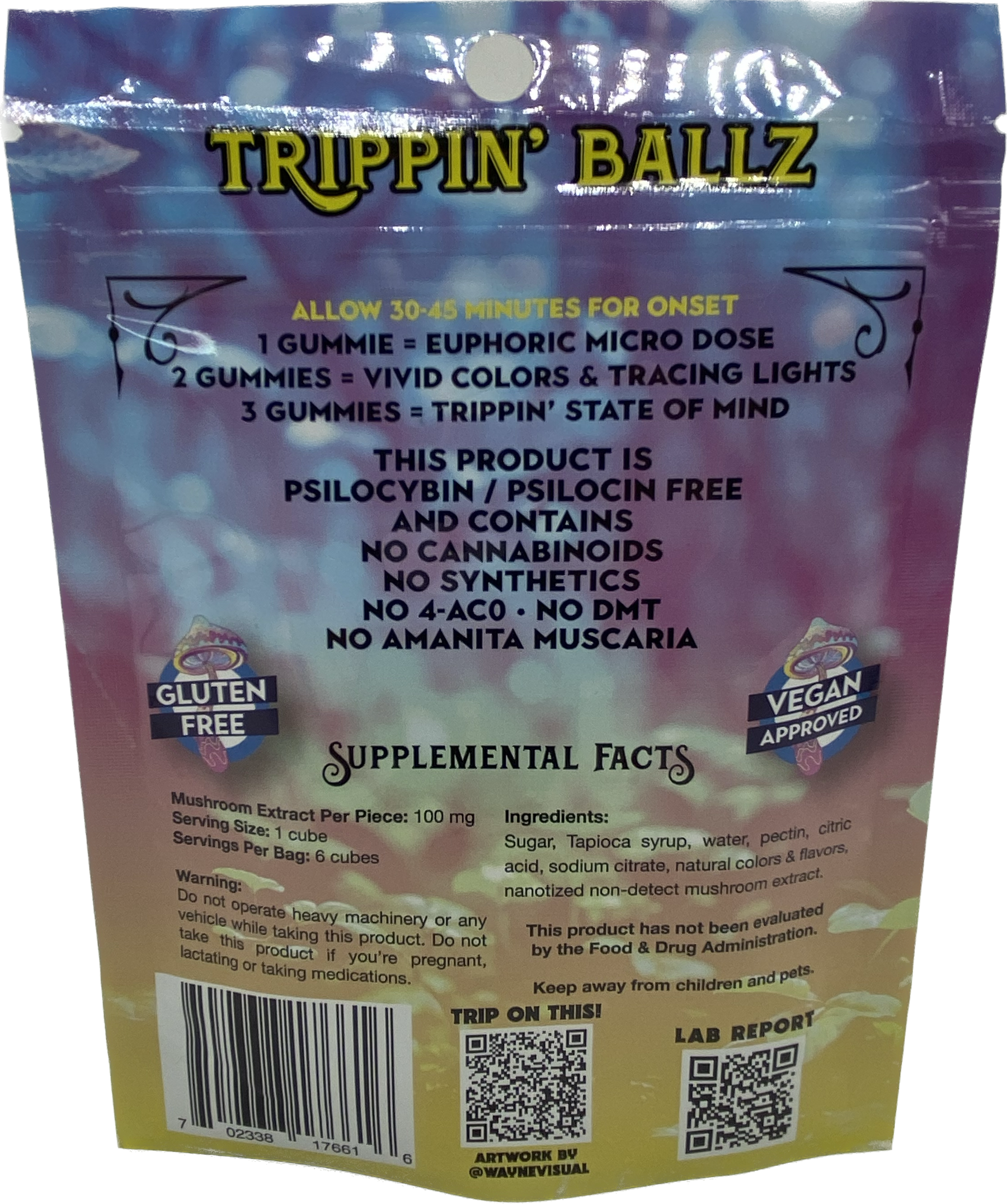 MODERN DAY MIRACLES Trippin' Ballz Non-Detect Magic Mushroom Extract Gummies 100mg 6ct Pineapple Flavored
