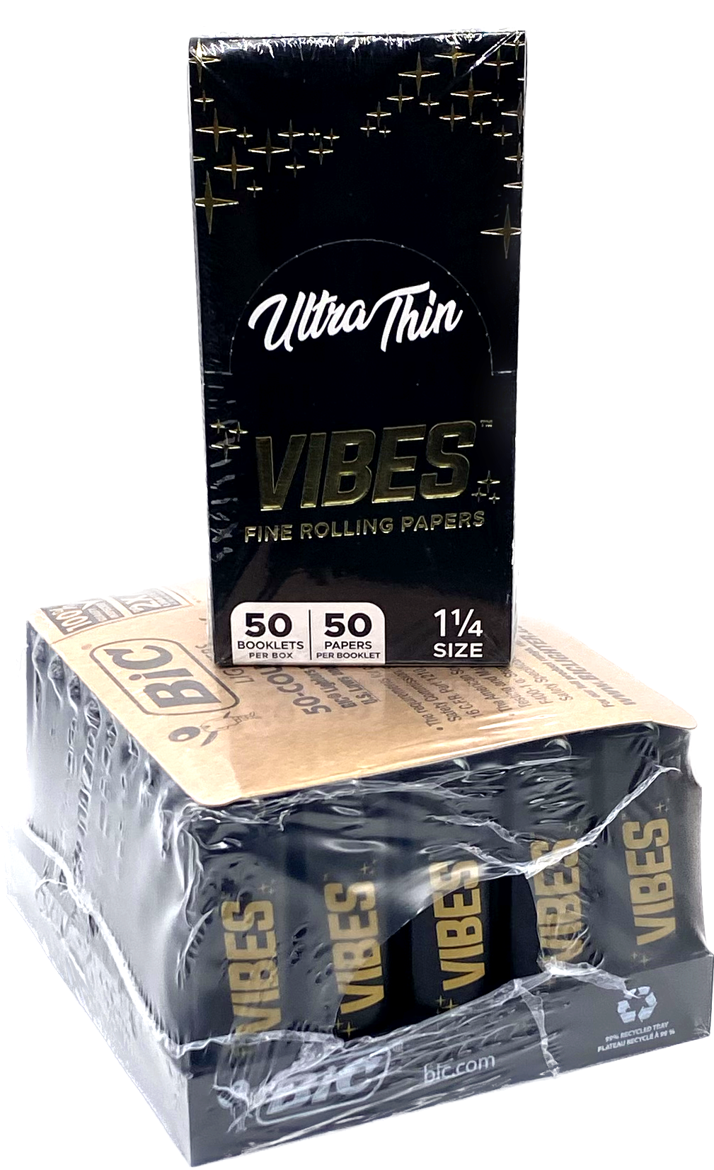 VIBES Blk on Blk Bic 50ct Lighters w/ Free VIBES Ultra Thin 1 1/4 Box 50 Leaves Per Booklet / 50 Booklets Per Box