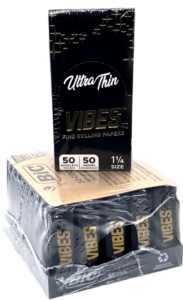 VIBES Blk on Blk Bic 50ct Lighters w/ Free VIBES Ultra Thin 1 1/4 Box 50 Leaves Per Booklet / 50 Booklets Per Box