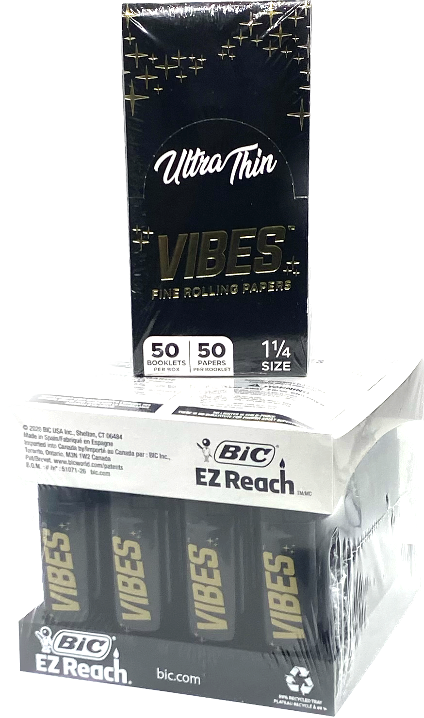 VIBES Black EZ Reach Bic 40ct Lighters w/ Free VIBES Ultra Thin 1 1/4 Box 50 Leaves Per Booklet / 50 Booklets Per Box