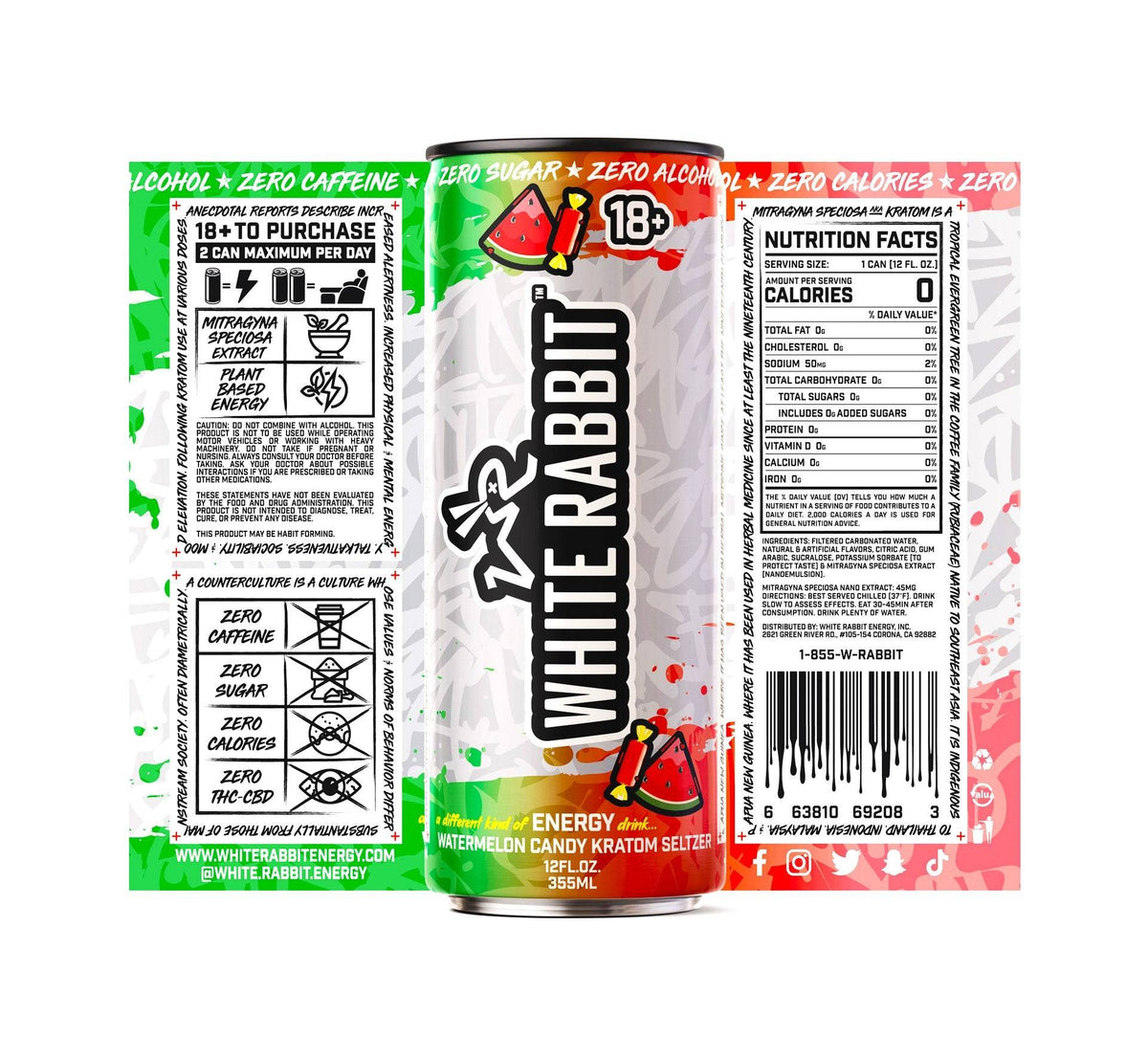 WHITE RABBIT WATERMELON CANDY KRATOM SELTZER 12 OZ (24 CT CASE)