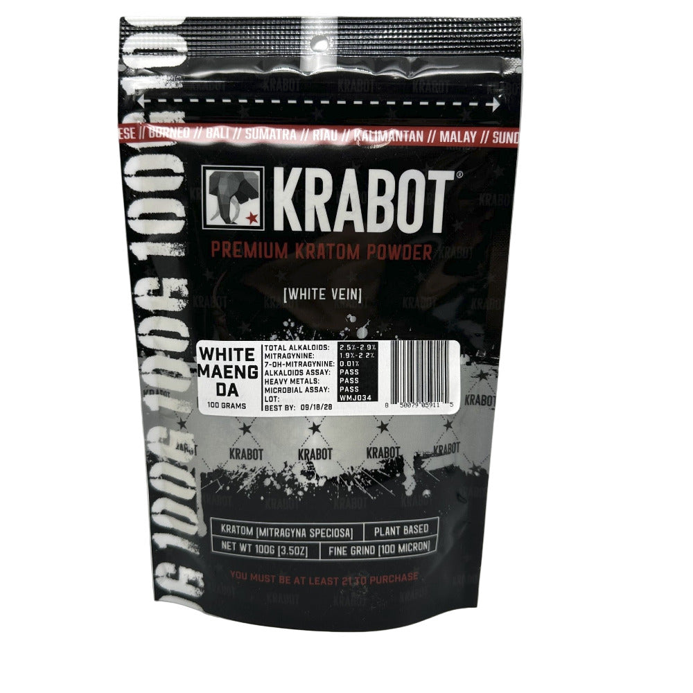 Krabot premium kratom powder packaging on a gray background