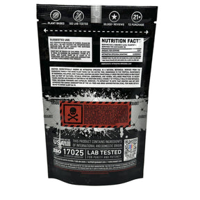 Black supplement packaging with nutritional information and warning labels on a gray background