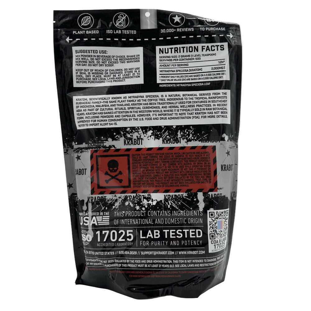 Black and white supplement package with red warning label on a white background