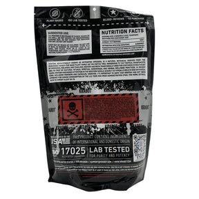 Black and white supplement package with red warning label on a white background