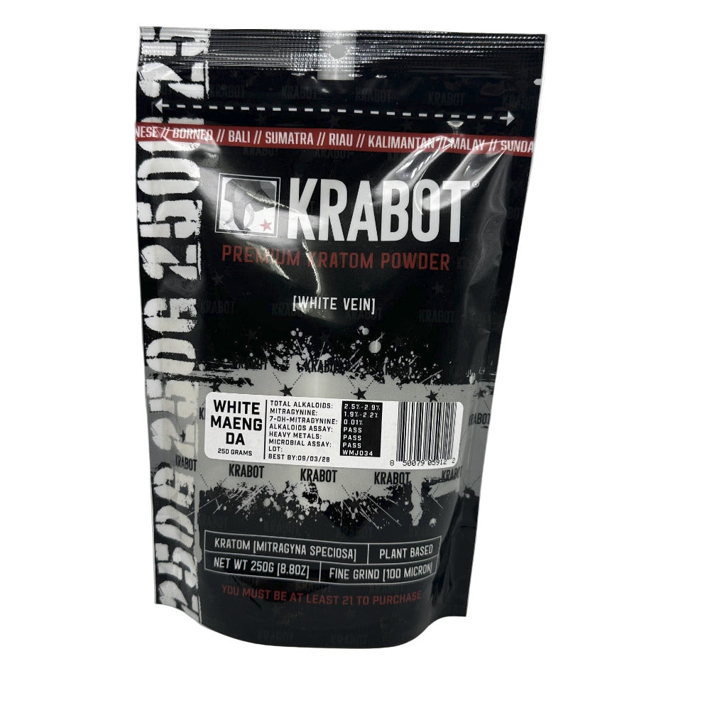 Black packaging of KRABOT Premium Kratom Powder on a gray background
